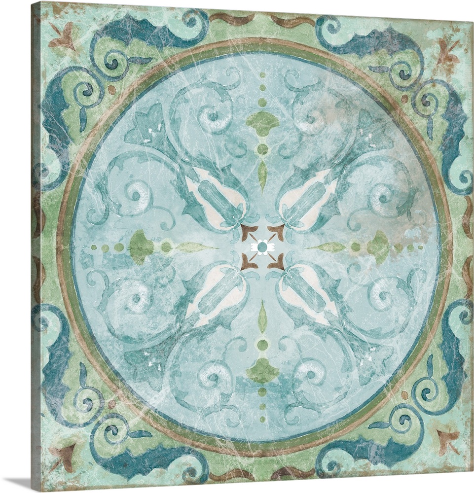 An antique tile design with floral patterns in blue and green shades.