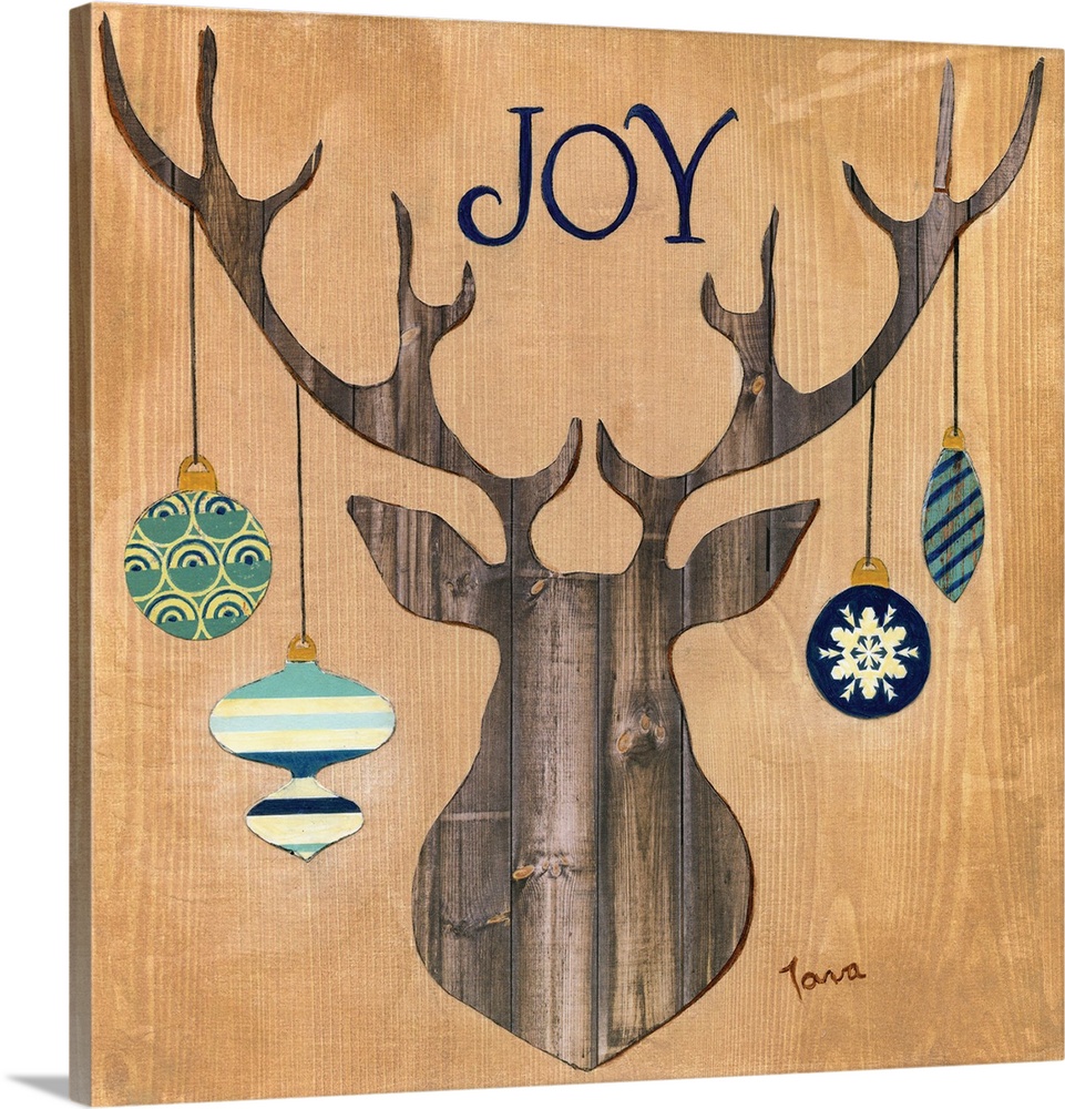 A decorative seasonal piece with a wooden mounted deer that has ornaments hanging from the antlers.