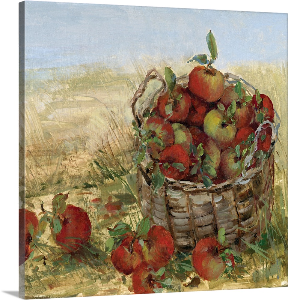 Square painting of baskets of apples that have been freshly picked with an Autumn landscape in the background.