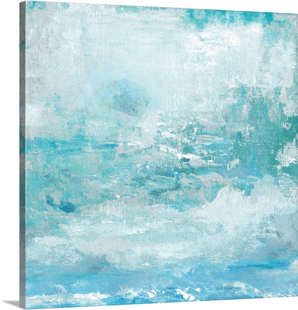 Contemporary abstract painting of a serene blue sky with clouds.