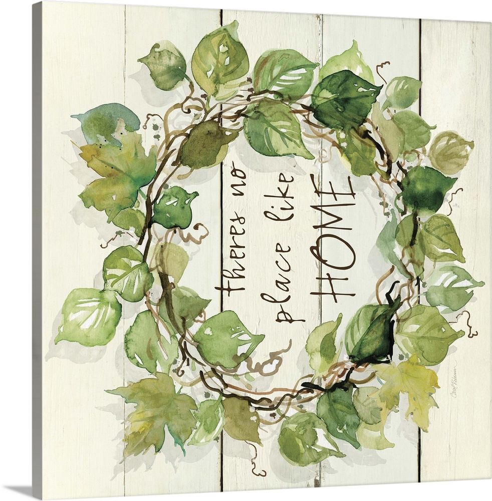 A watercolor painting of a wreath with green leaves on a wood background and the phrase ?theres no place like HOME? writte...