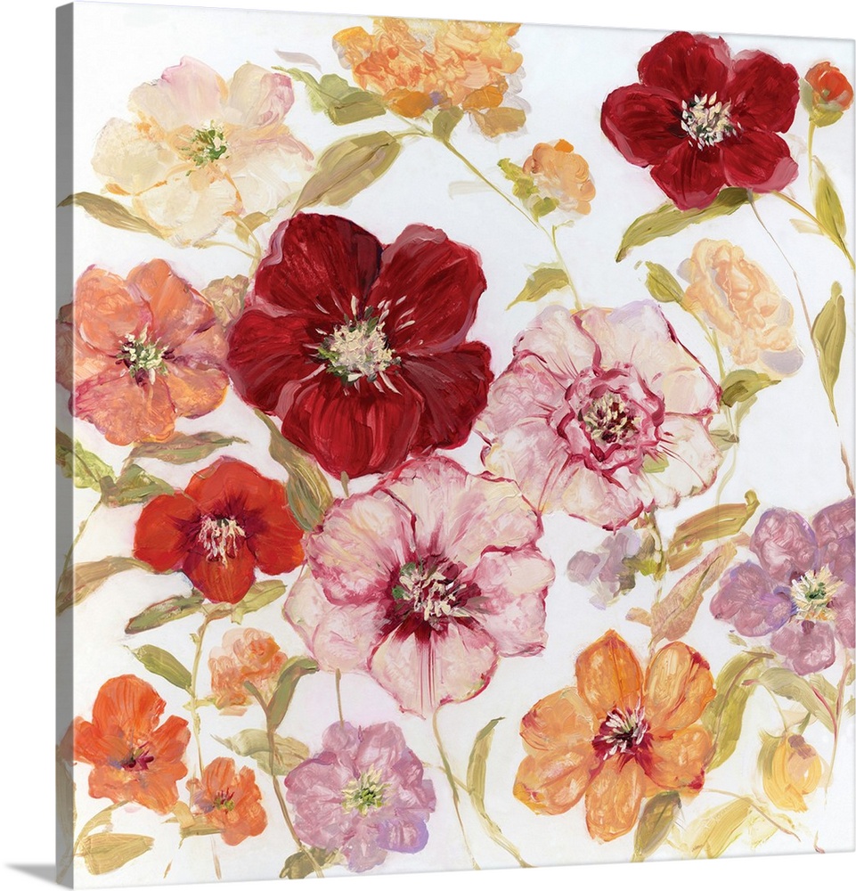 Contemporary square painting of warm toned flowers on a solid white background.
