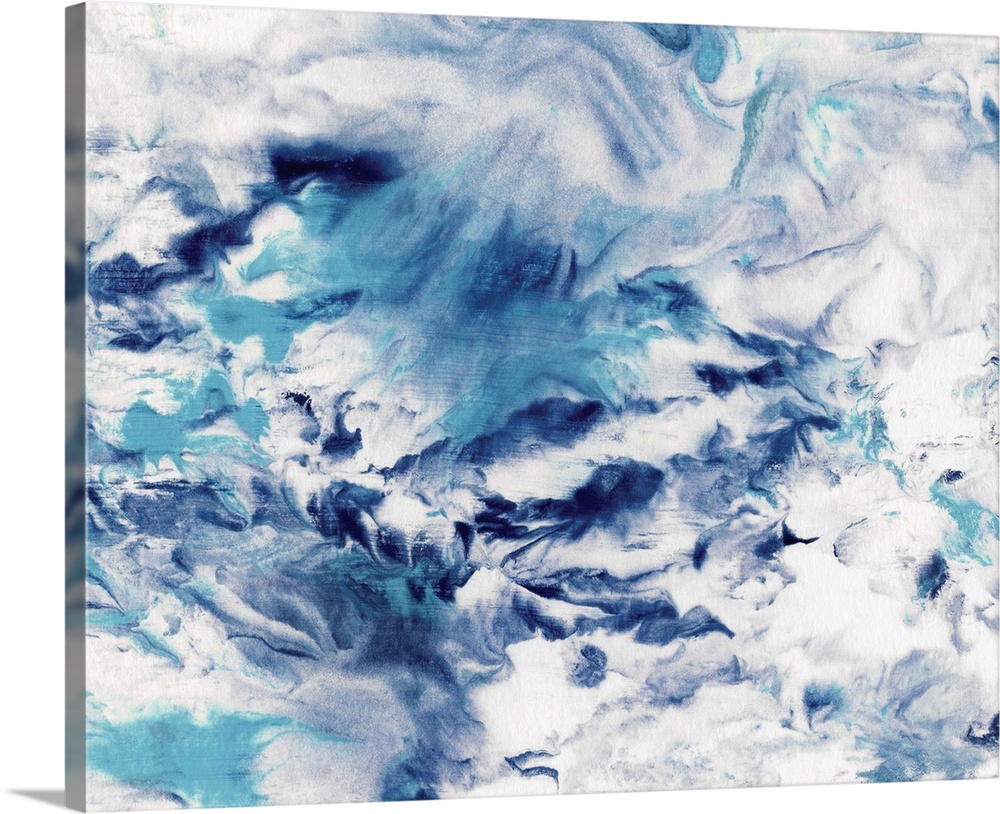 Contemporary abstract painting in wavy blue and white, resembling ocean water.