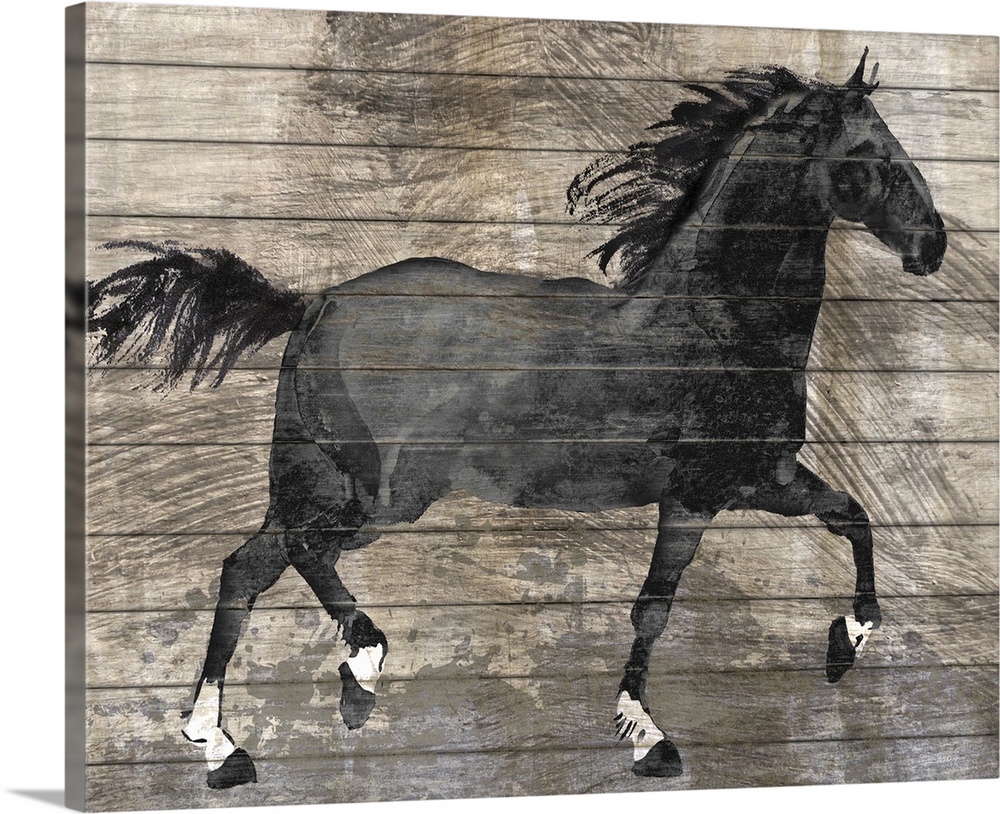 A decorative image of a black horse on a rustic wood backdrop.