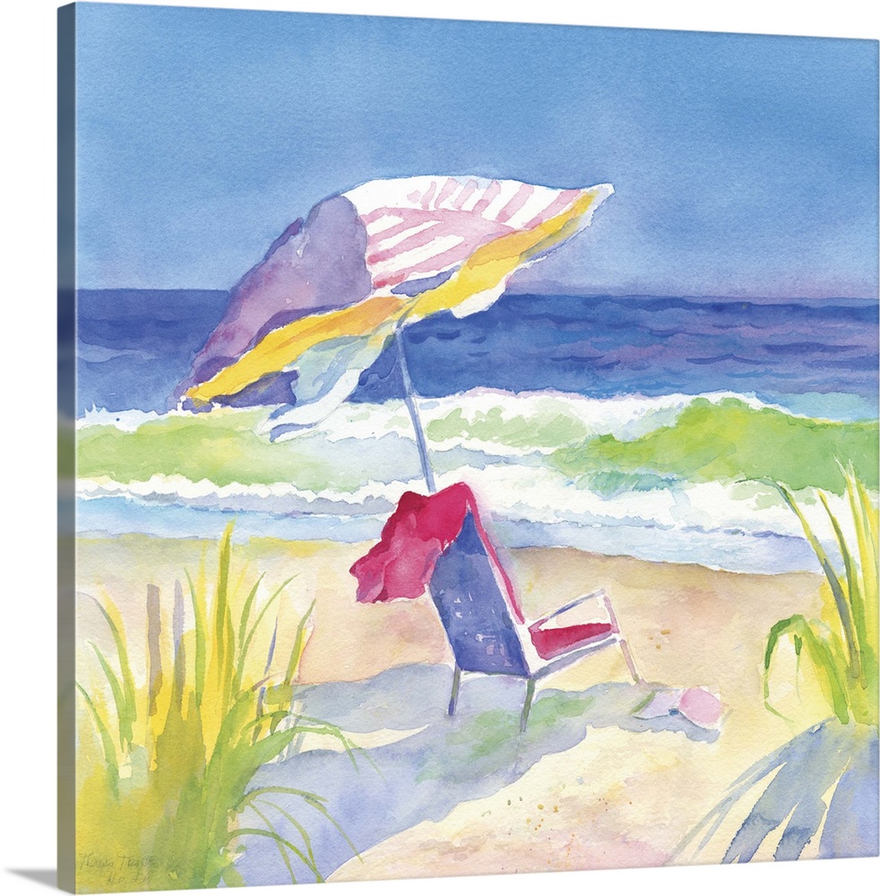 Square watercolor painting of chair and umbrella on the beach in vibrant, warm colors.