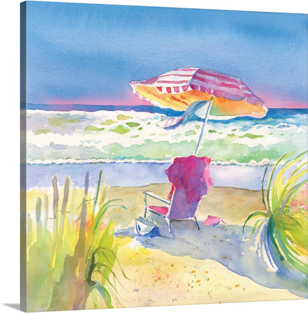 Square watercolor painting of chair and umbrella on the beach in vibrant, warm colors.
