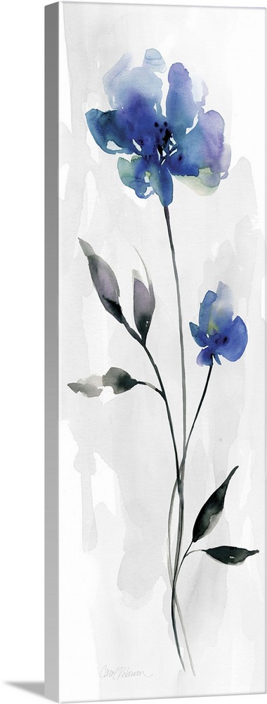 Contemporary watercolor panel painting with two flowers in shades of blue, purple, and green on a white and gray backgroun...