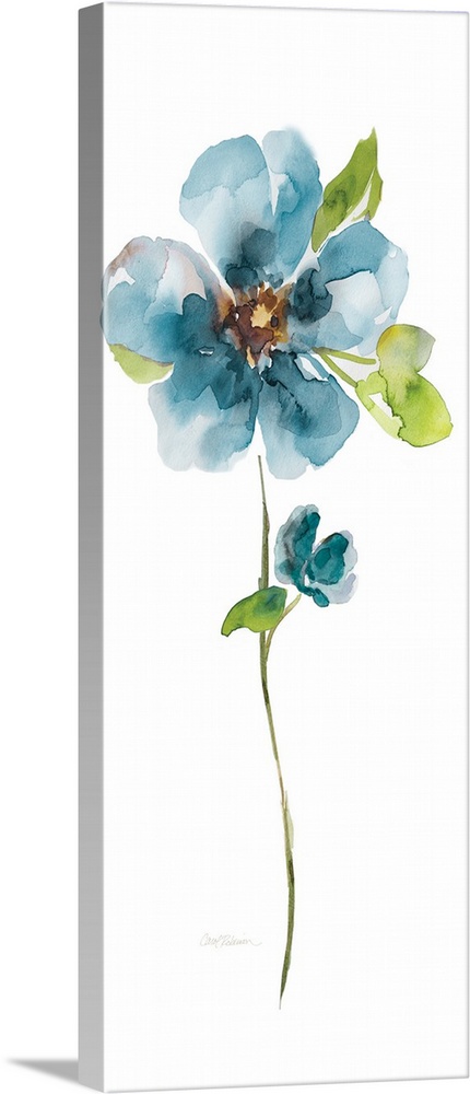 Watercolor painting of a bright blue flower on a white background.