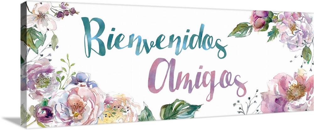 The words "Bienvenidos Amigos" is delicately illuminated with assorted watercolor flowers and foliage on a white backdrop.