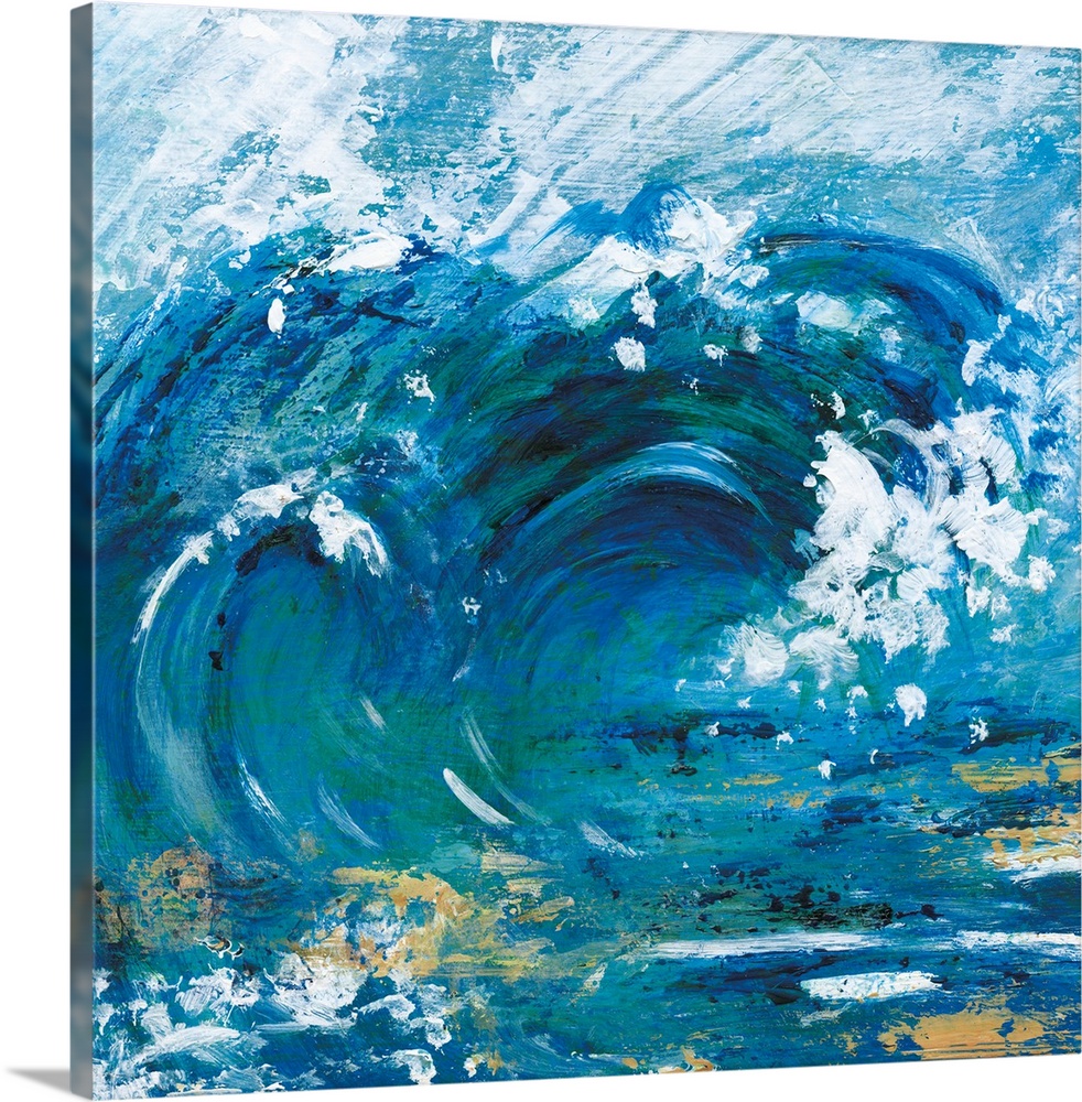 Square painting of a big wave with metallic gold.