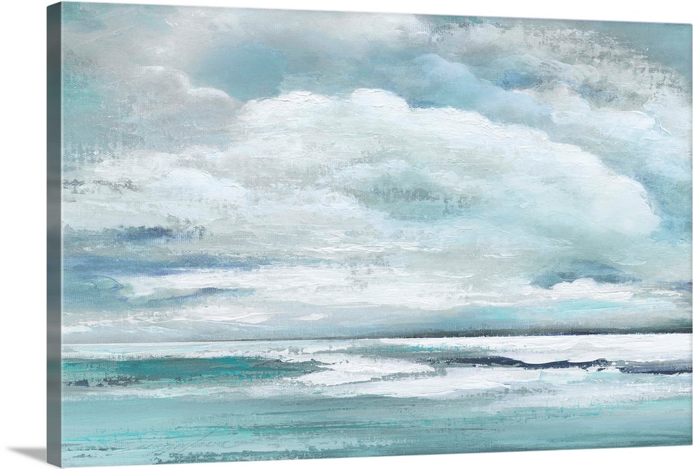 Cool toned landscape painting of fluffy clouds over the ocean.