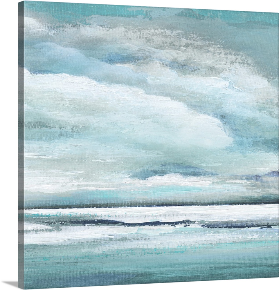 A square contemporary painting of the ocean with large, puffy clouds above.