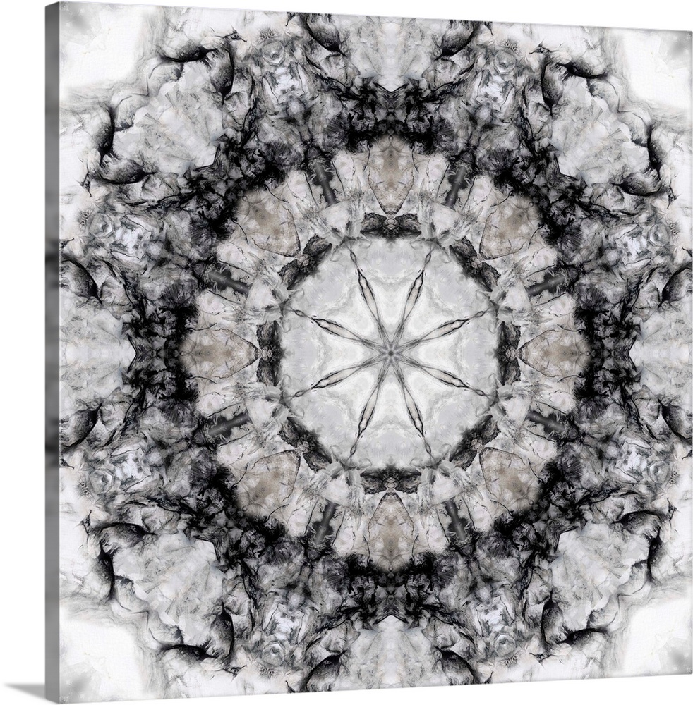 Square abstract art in black and white hues with kaleidoscope-like patterns and designs.