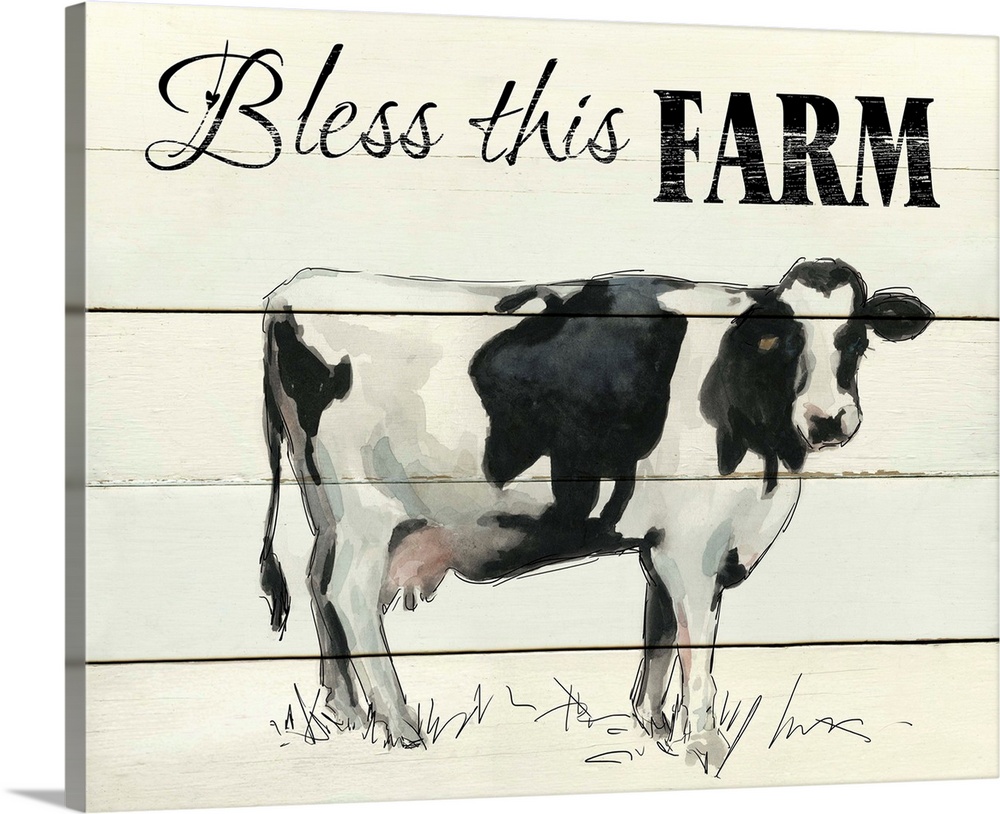 "Bless This Farm" written on the top of a faux wood background with a painting of a cow at the bottom.