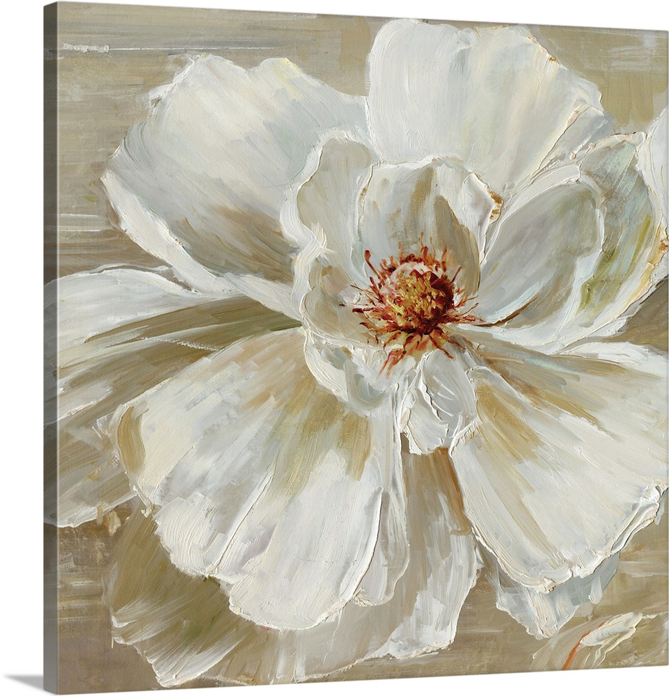 Contemporary square painting of a white flower on a neutral colored background.