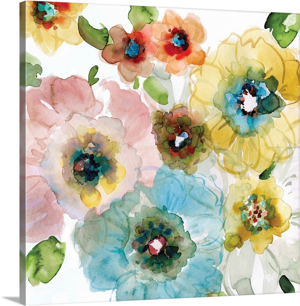 Square watercolor painting of colorful flowers.