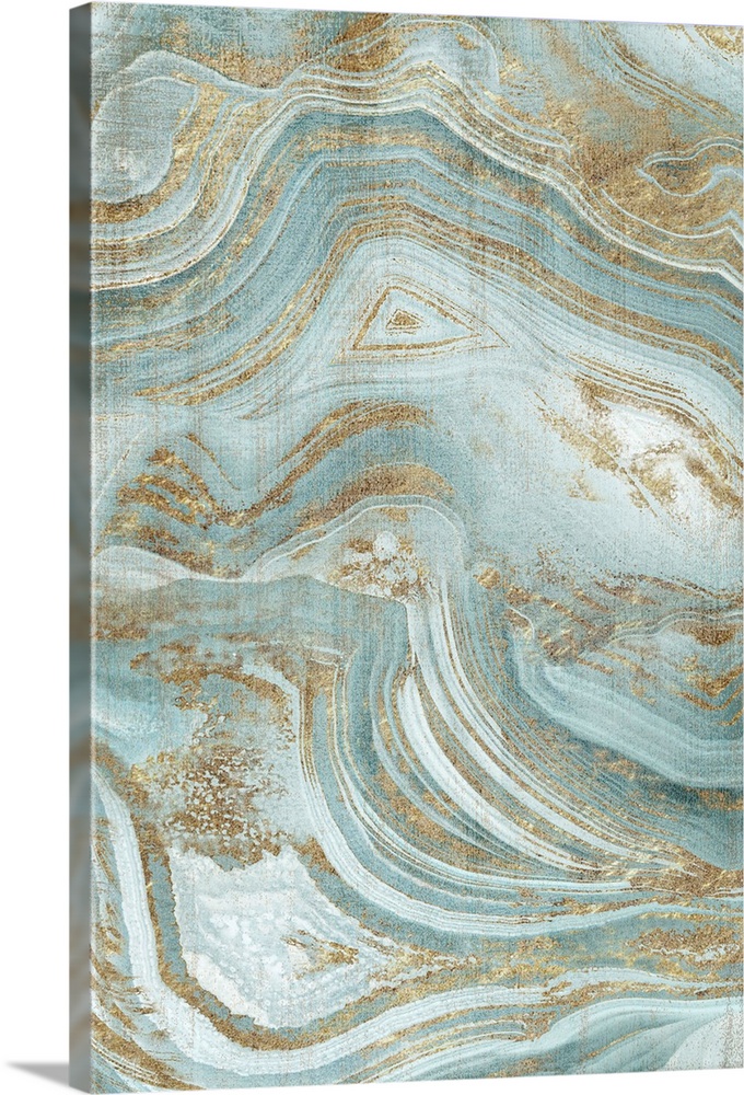 A painting of a cool toned blue and gold grain agate with flowing designs and patterns.