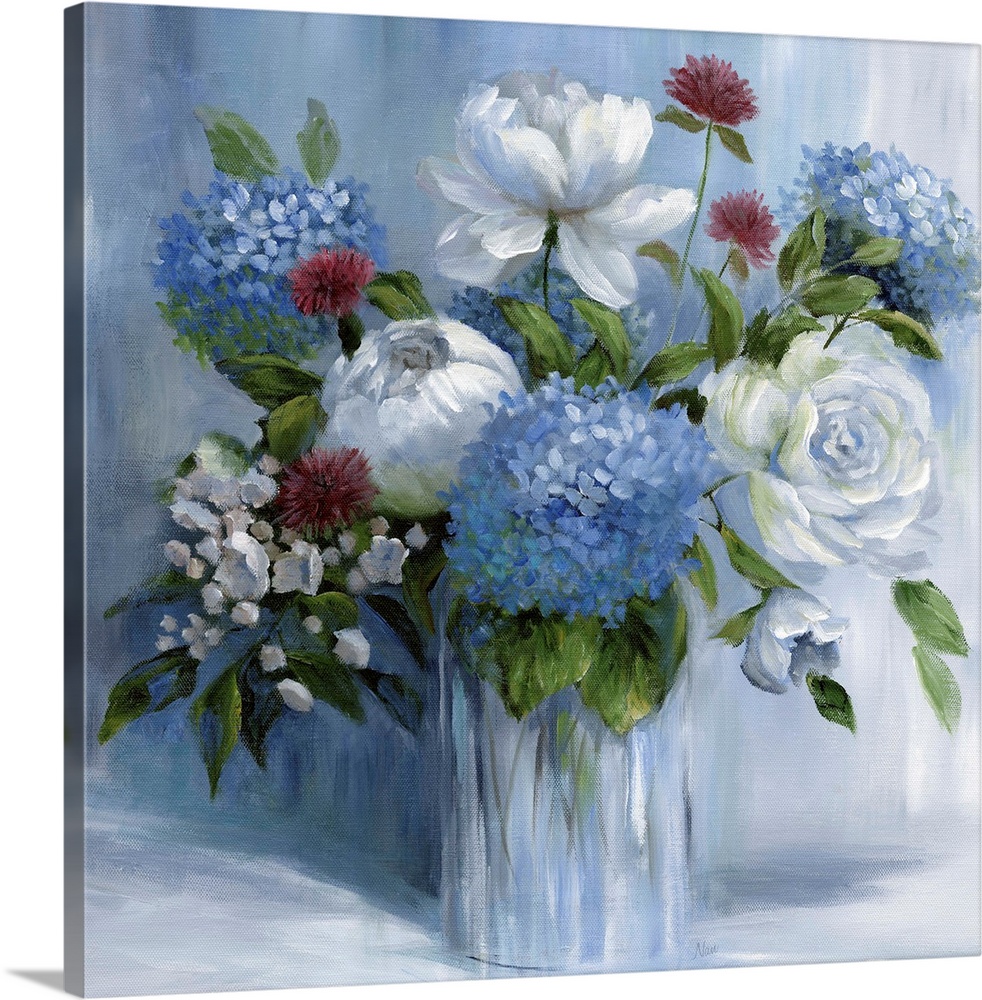 Square still life painting of a floral arrangement with blue tones.