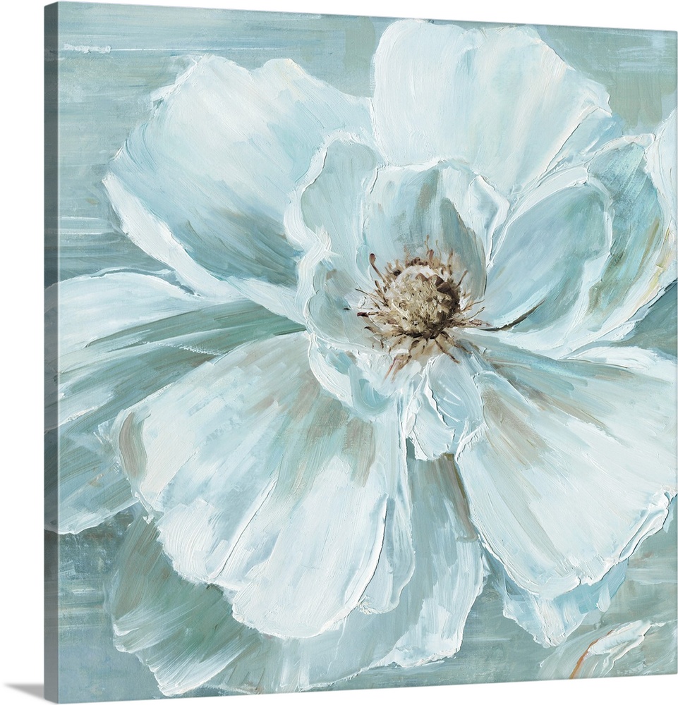 A square contemporary painting of a large blooming flower in muted shades of white and blue.