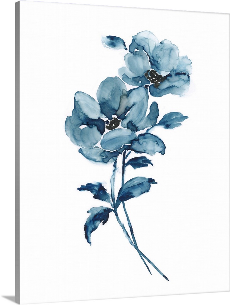 A contemporary watercolor painting of flowers in shades of blue.