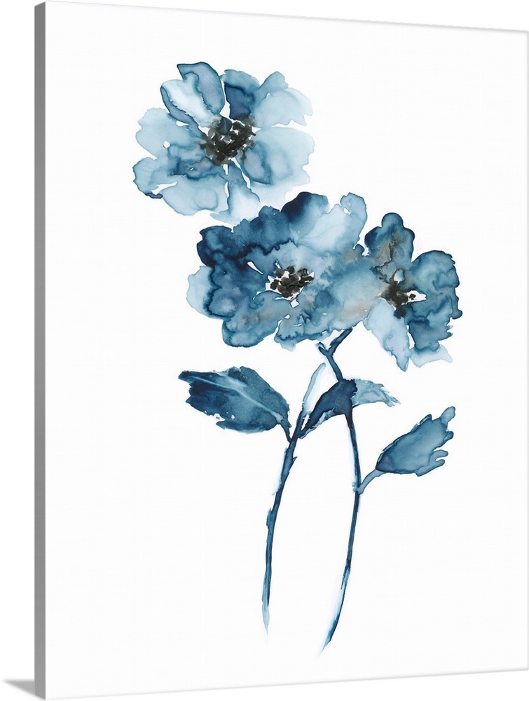 A contemporary watercolor painting of flowers in shades of blue.
