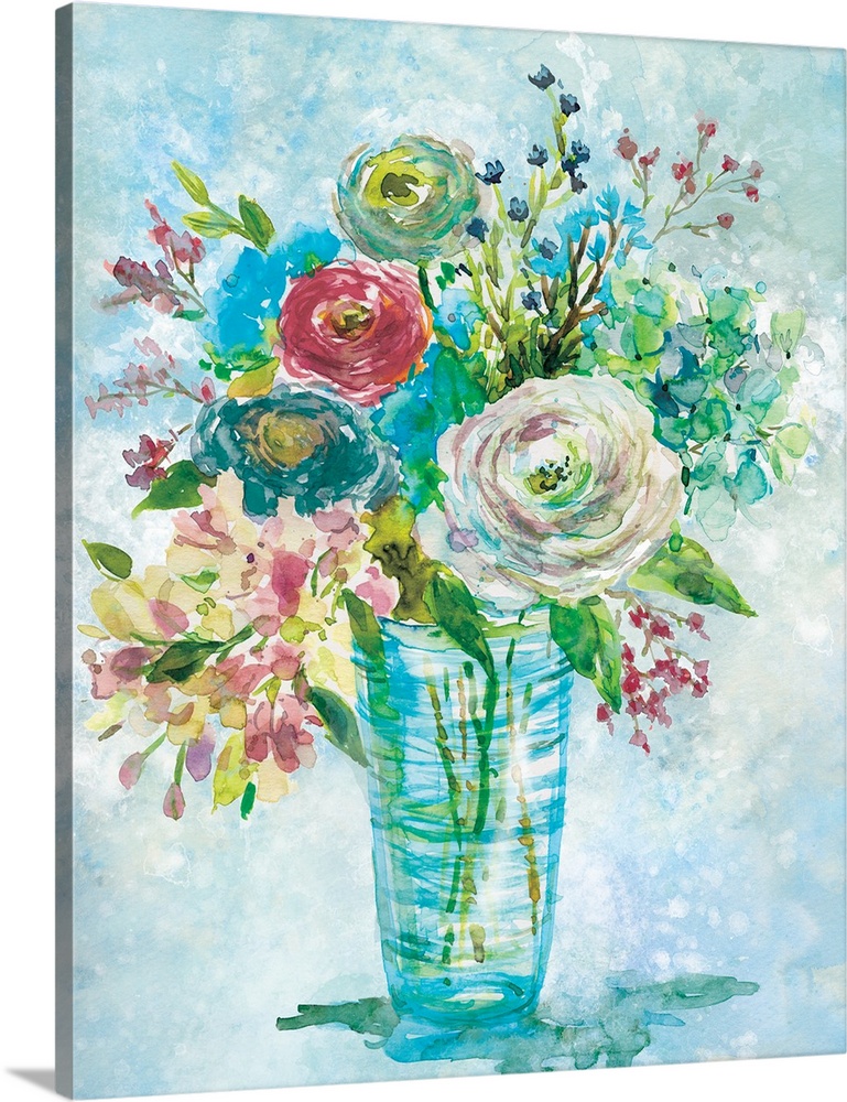 Watercolor painting of a bouquet of flowers in a clear vase.