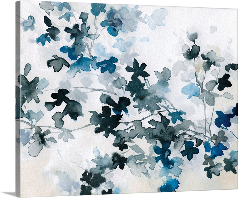 This horizontal artwork is dappled with delicate watercolor blue cherry blossoms on a white background.