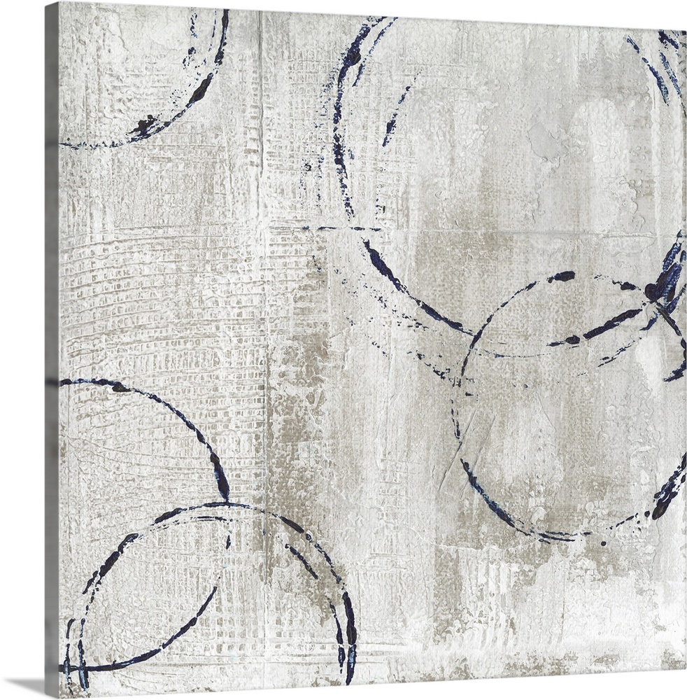 Contemporary square painting of navy circular outlines on a textured tan and white background.