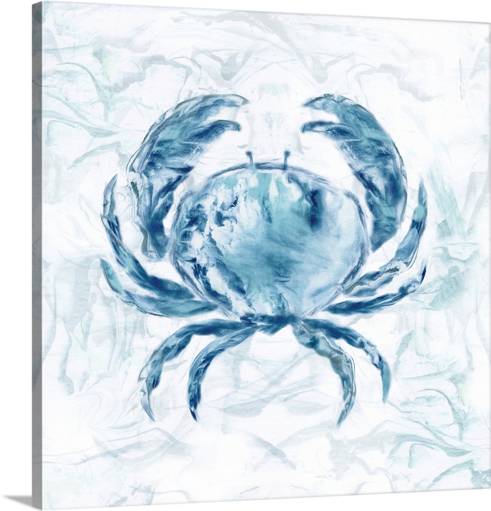 Square beach themed painting of a blue crab with a marbled finish and background.
