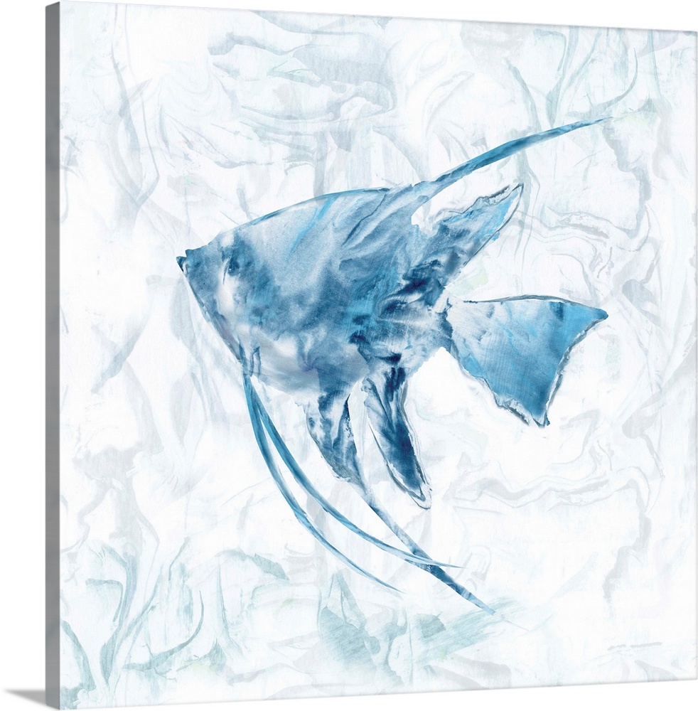 Square beach themed painting of a blue fish with a marbled finish and background.