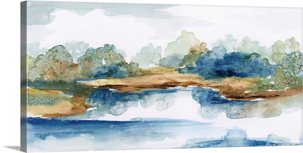 Watercolor landscape painting in cool shades of blue and green.