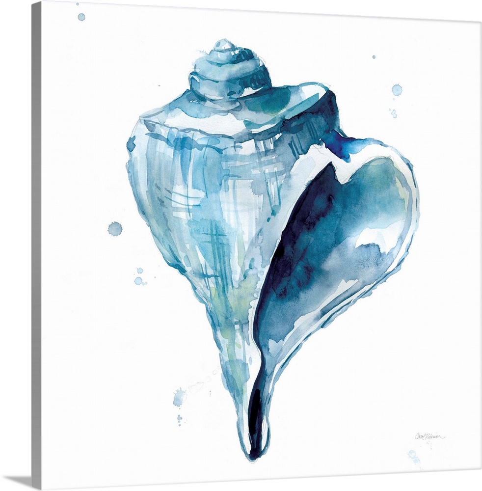 Square watercolor painting of a conch shell made in shades of blue with hints of green on a white background with a little...