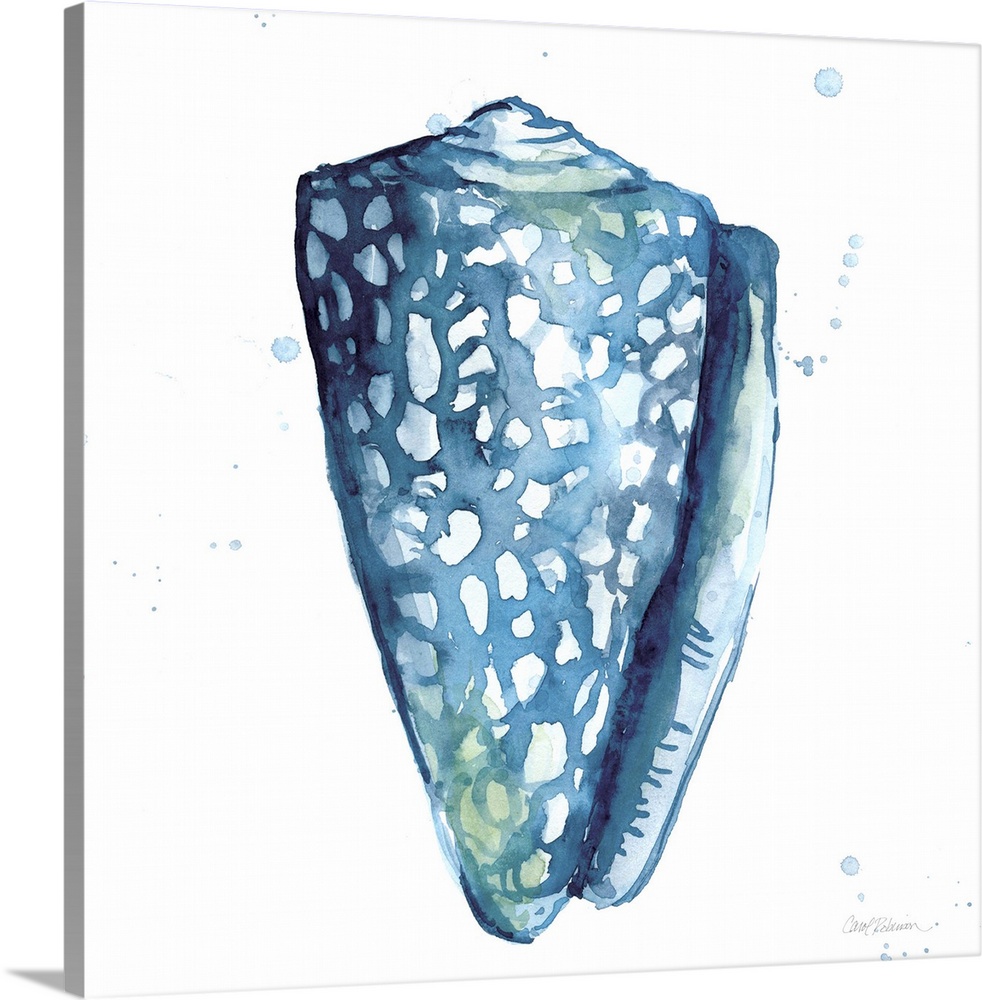 Square watercolor painting of a seashell made in shades of blue with hints of green on a white background with a little bi...