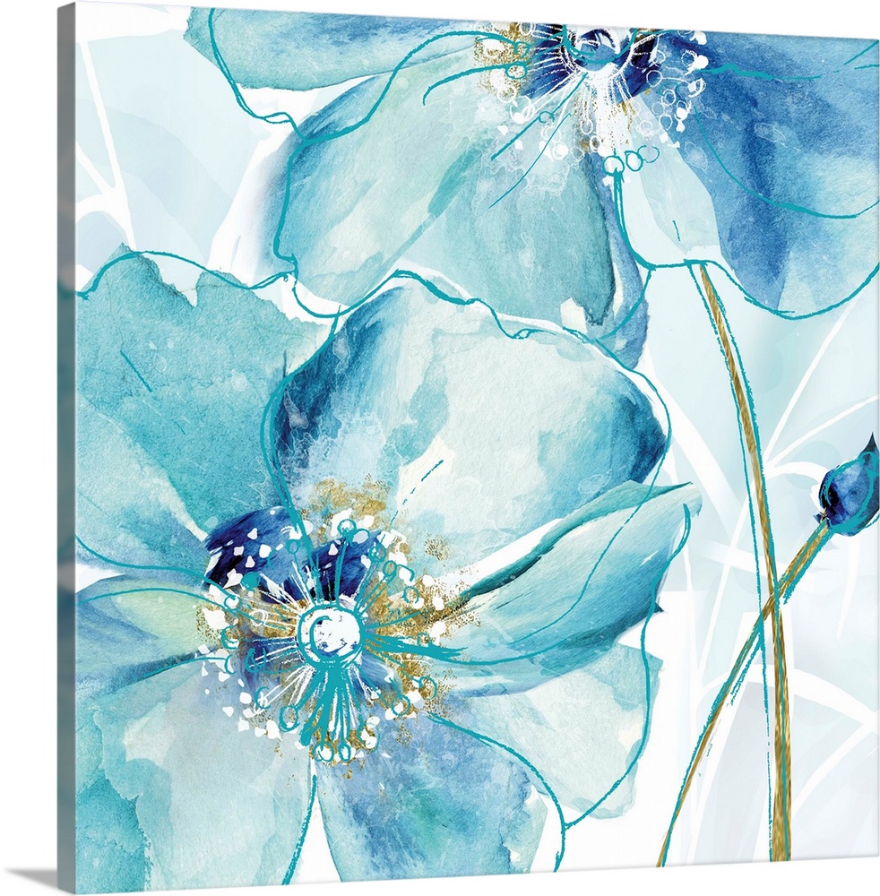Square decor with two poppy flowers made in shades of blue with metallic gold.