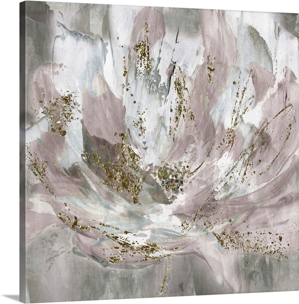 A square decorative image of a large abstract bloom in grey and pink with gold accents.