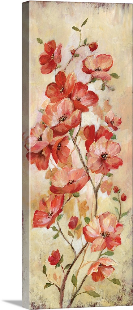 Tall panel painting of warm toned flowers growing upwards on a branch.
