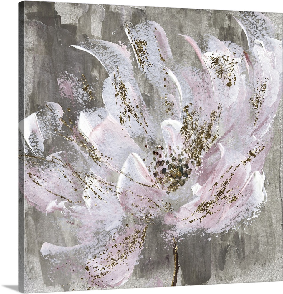 Semi abstract artwork of a flower with paint splatters and pale pink petals.