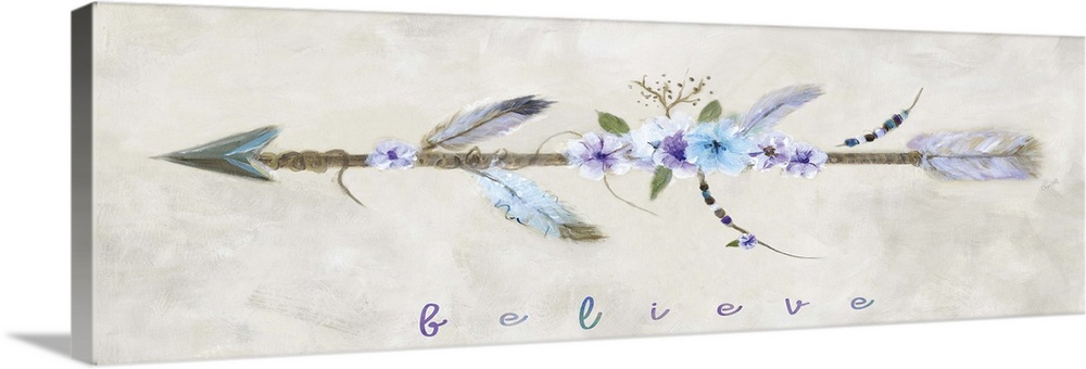 Contemporary painting of an arrow decorated with flowers, beads, and feathers with the word "Believe" written below.