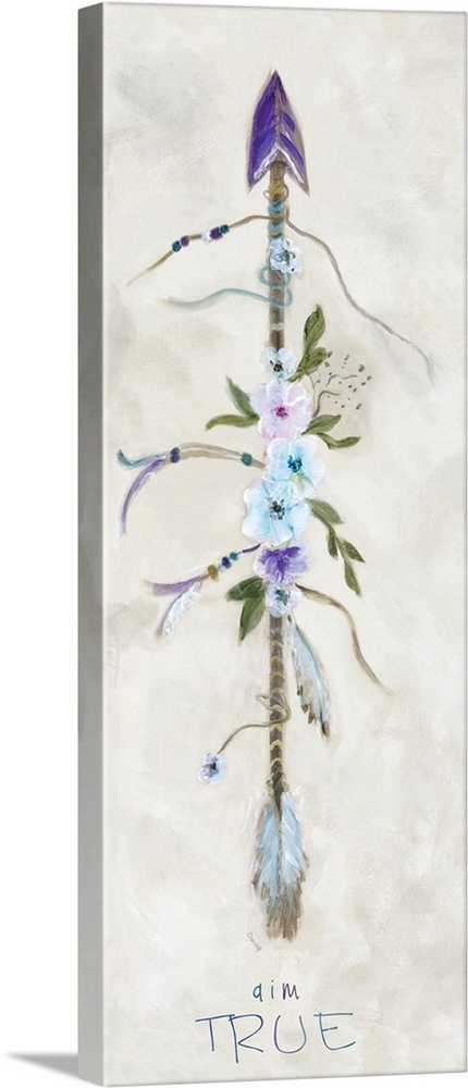 Contemporary painting of an arrow decorated with flowers, beads, and feathers with the phrase "Aim True" written below.