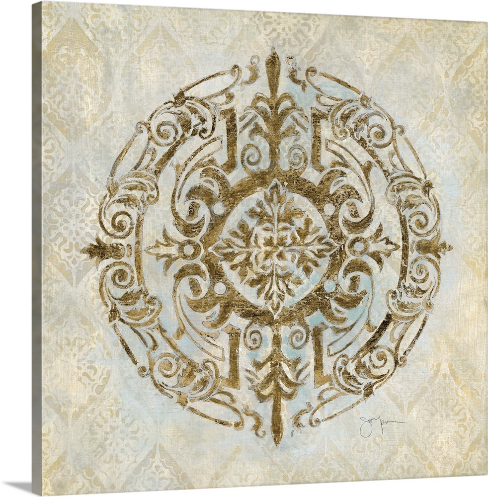 Round medallion design in a Bohemian style in shades of gold.
