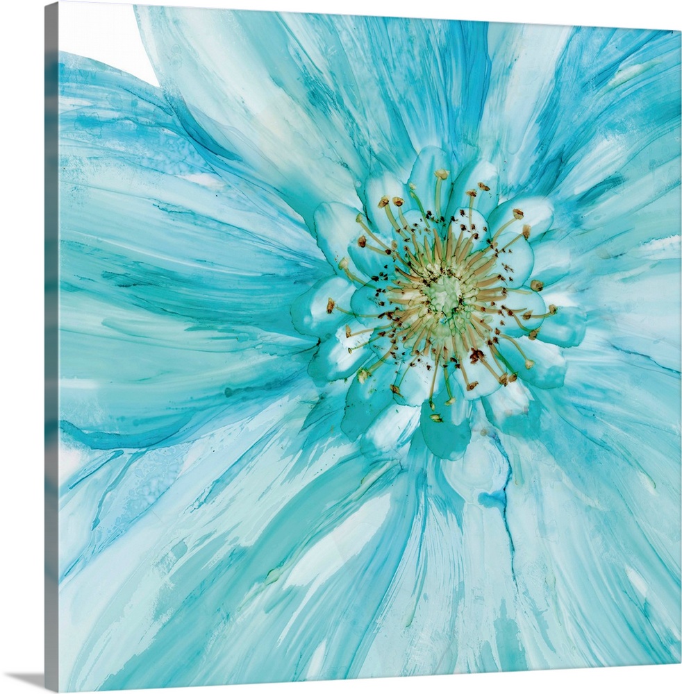 Abstract painting of a blue flower made with watercolors on a square background.
