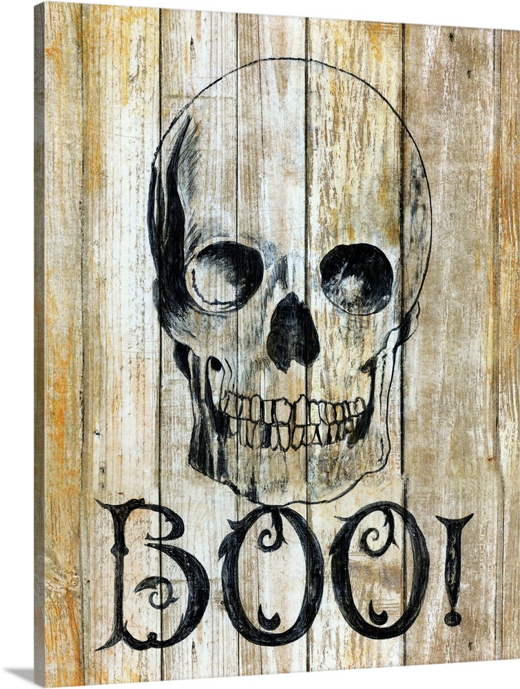 A painting of a skull on a wooden background with the word ?BOO!? underneath.�