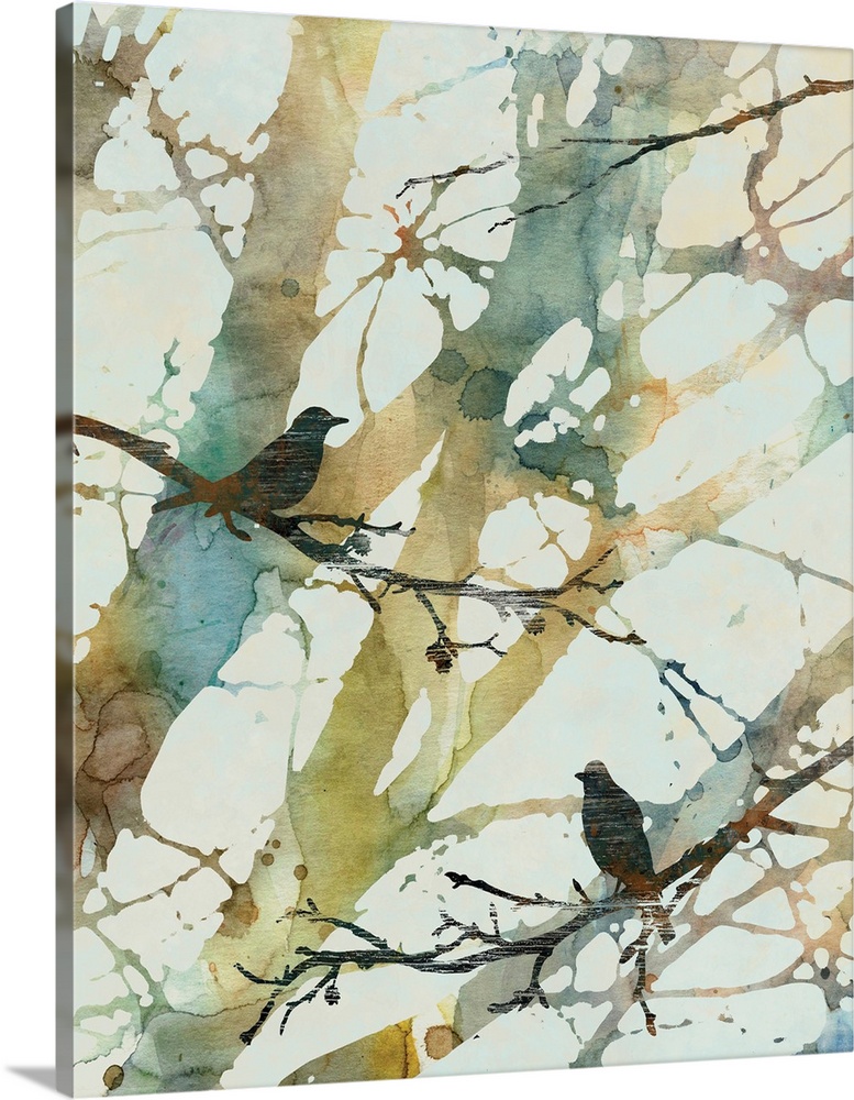 Distressed textured birds perch on watercolor branches against a white background in this digital painting.