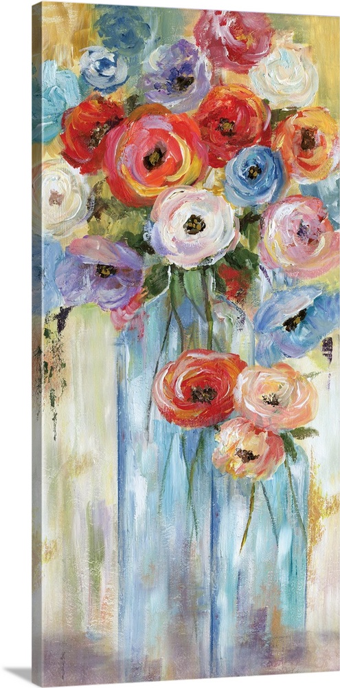 A long vertical contemporary painting of vibrant colored flowers in glass vases.