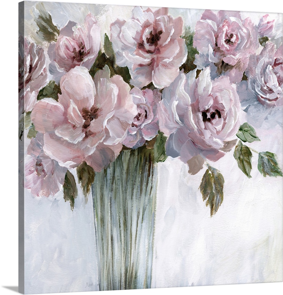 Square painting of a bouquet of flowers with pink and purple tones.