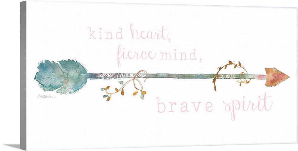 "Kind Heart, Fierce Mind, Brave Spirit" written in pink around a watercolor boho style arrow.