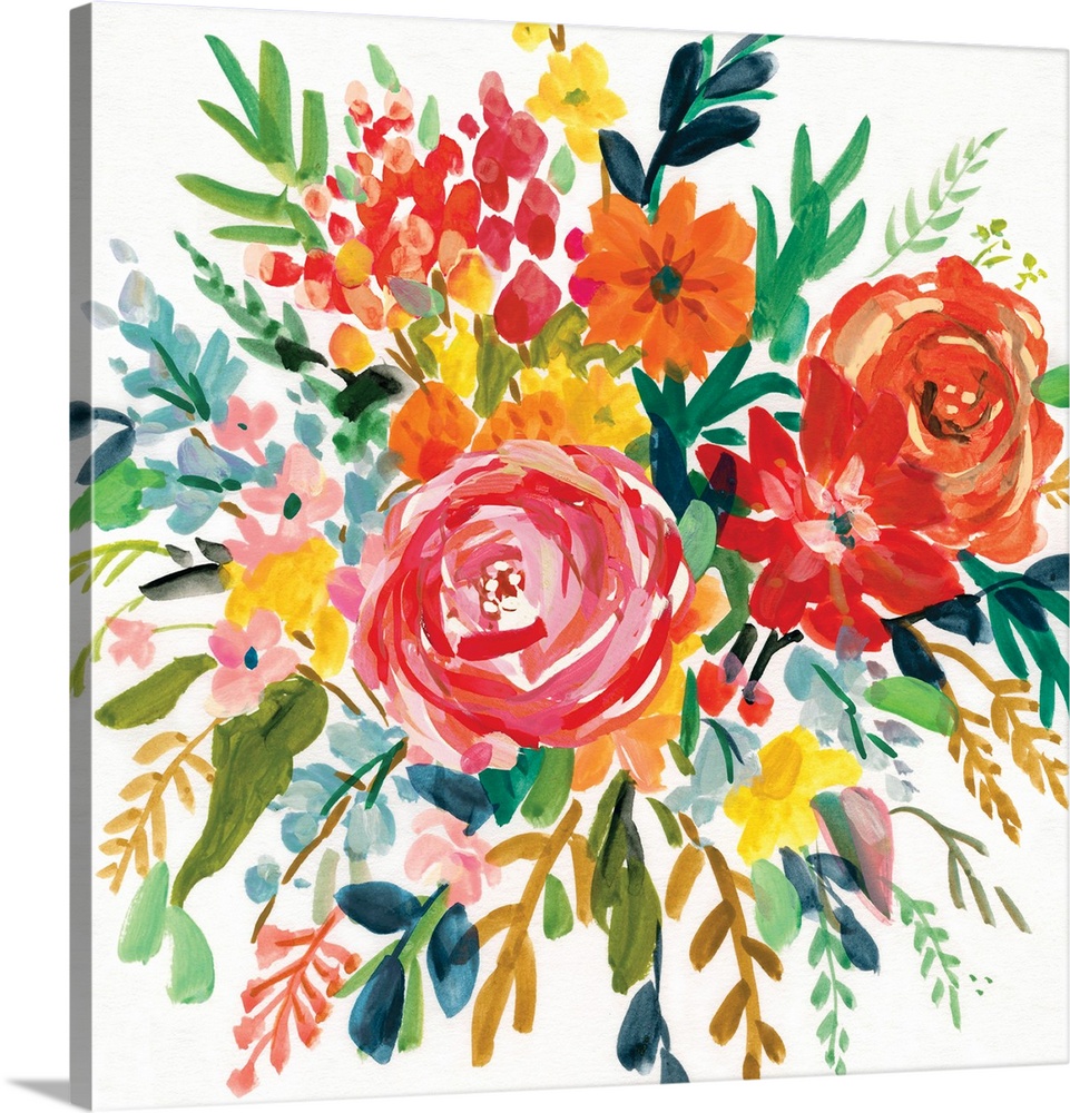 Square watercolor painting of a colorfully arranged bouquet of flowers.