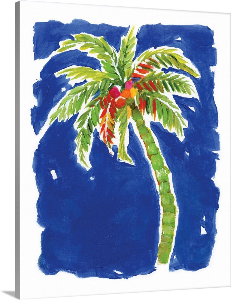 A decorative painting of a green palm tree with coconuts that has hints of red, orange, yellow, and pink on a bright blue ...