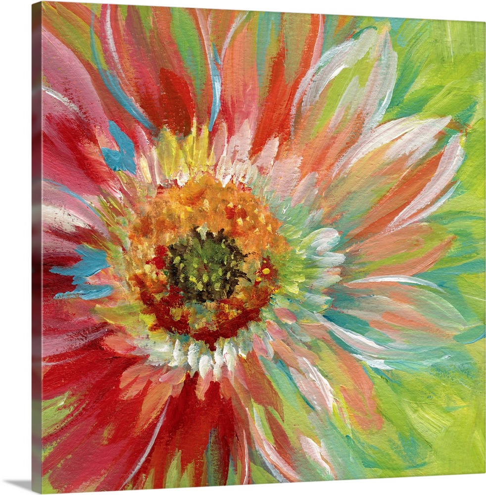 Square painting of a colorful flower on a bright green background.