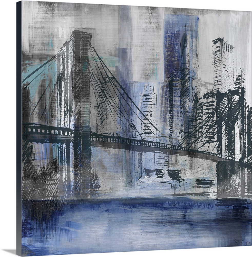 Square abstract painting of a New York City cityscape, highlighting the Brooklyn Bridge, in shades of blue and grey.